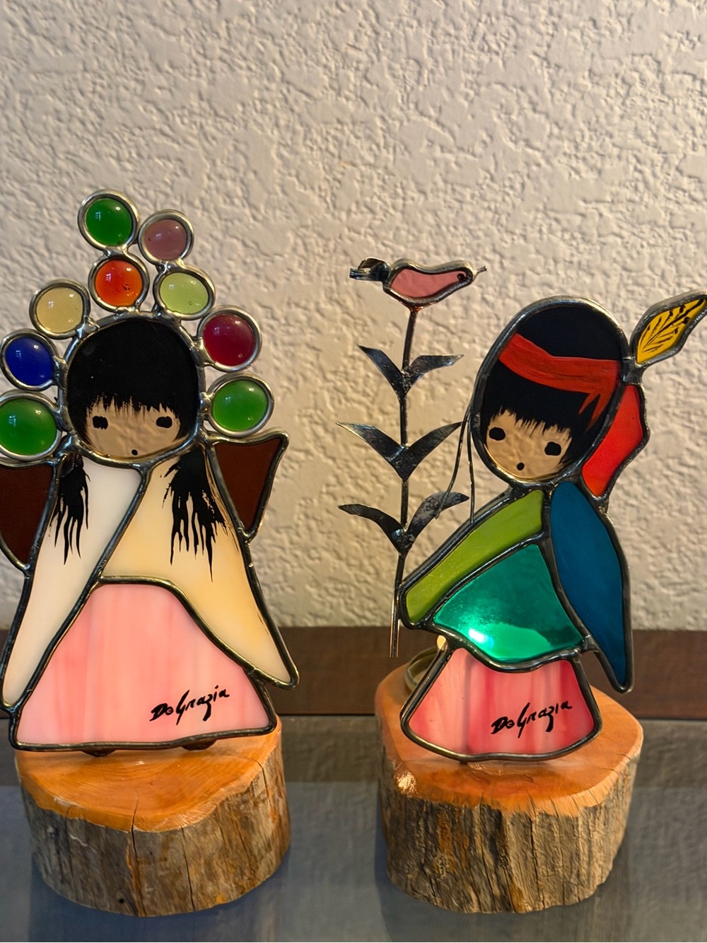 2 Vintage De Grazia & Ken Toney Stained Glass Tea Light Wood Base Sun Catchers